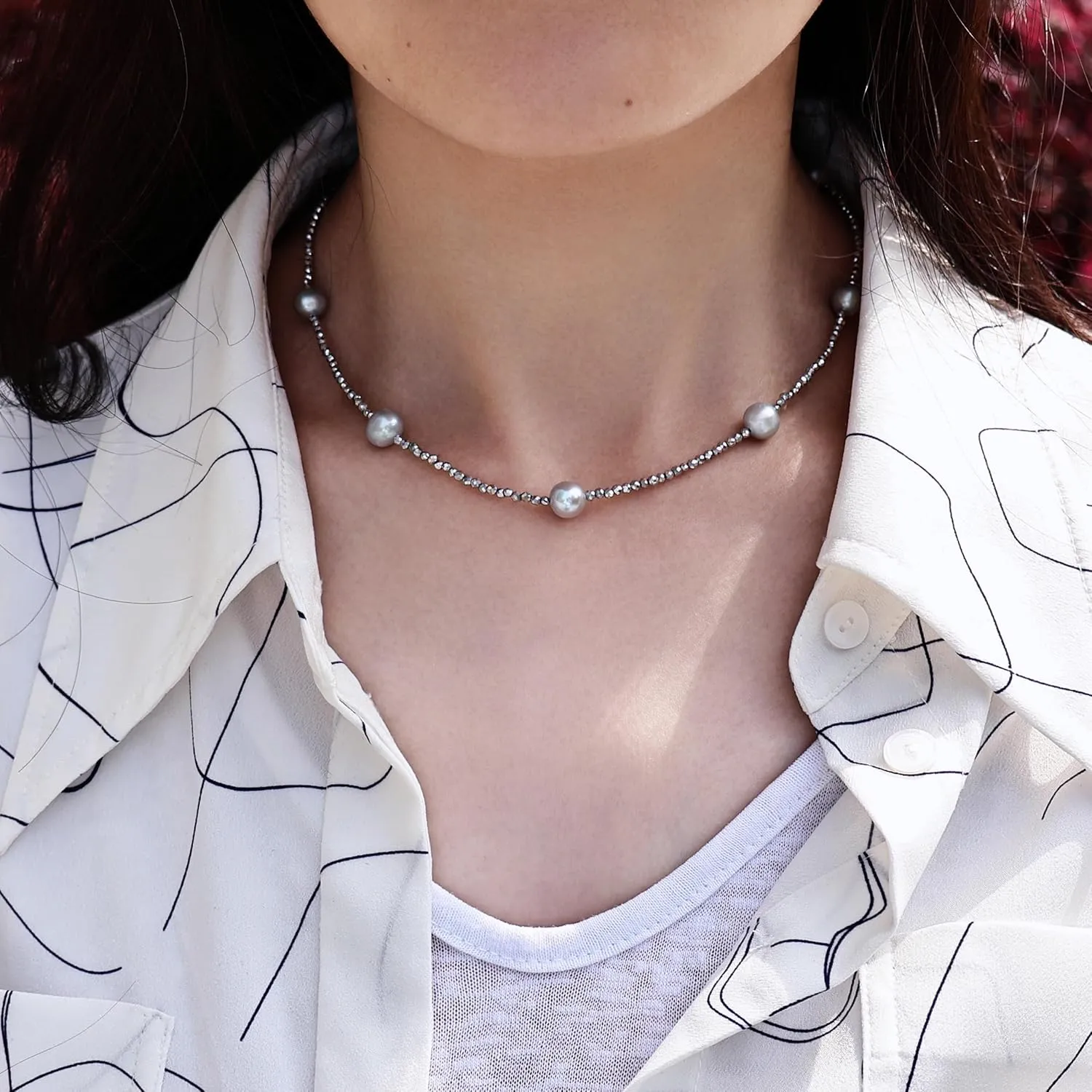 Genuin Real Freshwater Pearl Necklace,Black Peacock Pearl Choker Necklaces for Women,Hematite Gold/Silver Beaded Simple Pearl Necklace,Dainty Adjustable Pearl Jewelry Mother's Valentine Day Gifts