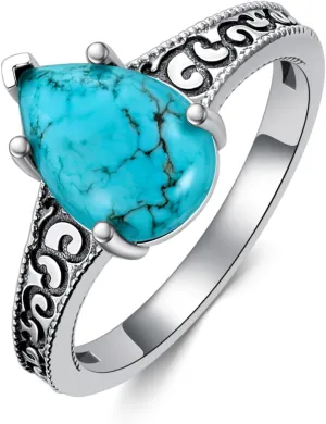 Genuine Turquoise Rings for Women Natural Teardrop Stone 925 Sterling Silver Vintage Boho Jewelry Rings for Mom Wife