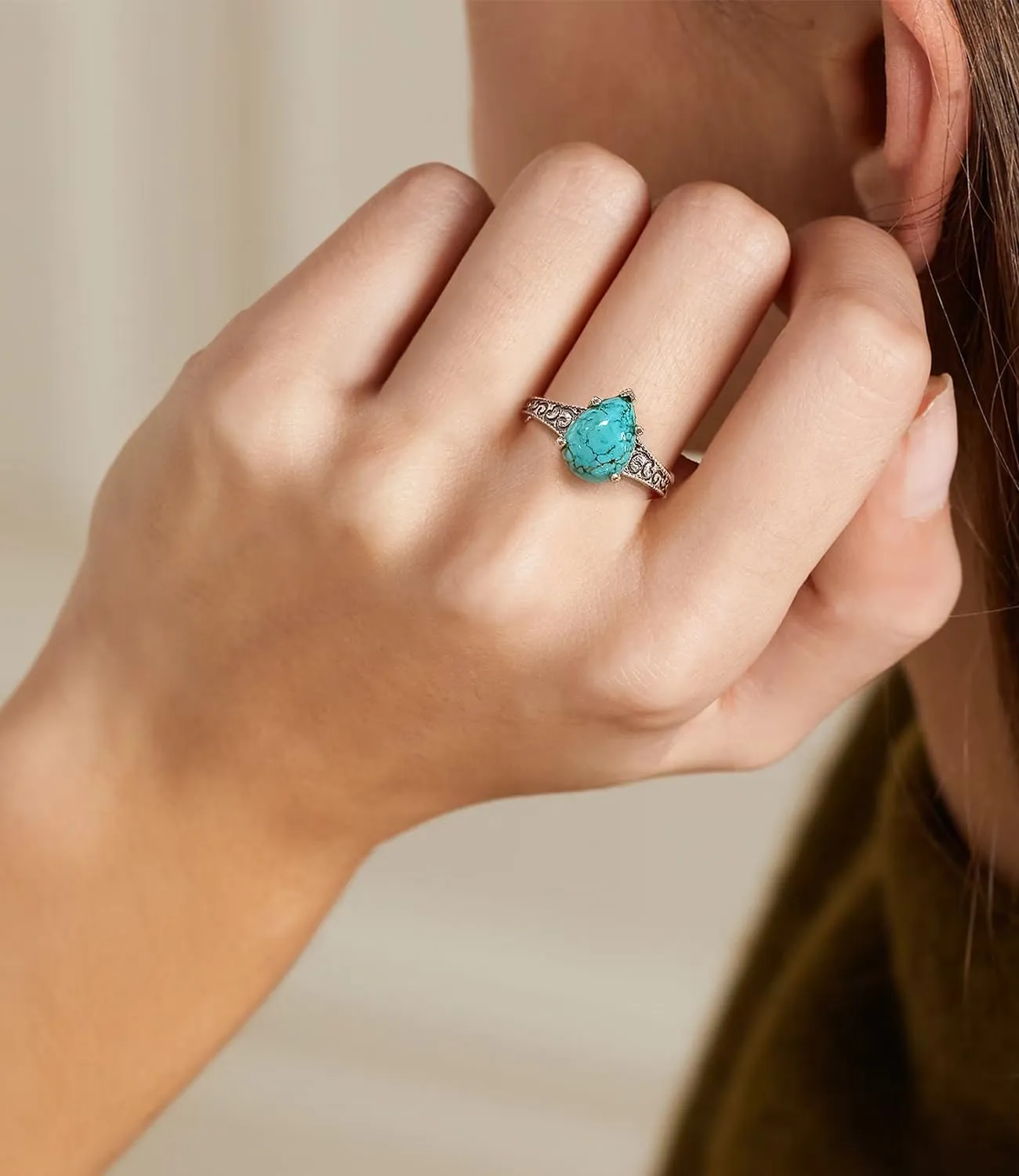 Genuine Turquoise Rings for Women Natural Teardrop Stone 925 Sterling Silver Vintage Boho Jewelry Rings for Mom Wife