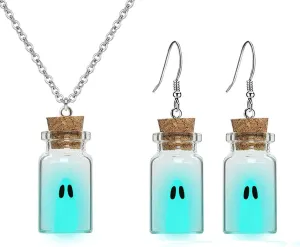 Ghost Earrings & Necklace Blue, Ghost In A Bottle Glow in The Dark, Adopt A Ghost Earrings for Women Decor, Fun Cute Earrings, Ghost Necklace for Women Spooky Halloween Jewelry Set