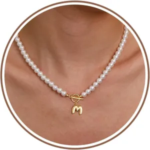 Gifts for Mothers Day Pearl Necklaces for Women, Bubble A-Z Initial Necklace Gold Dainty Pearl Choker Necklace Anniversary Birthday Graduation Gifts for Her Teen Stocking Stufffers Christmas Jewelry