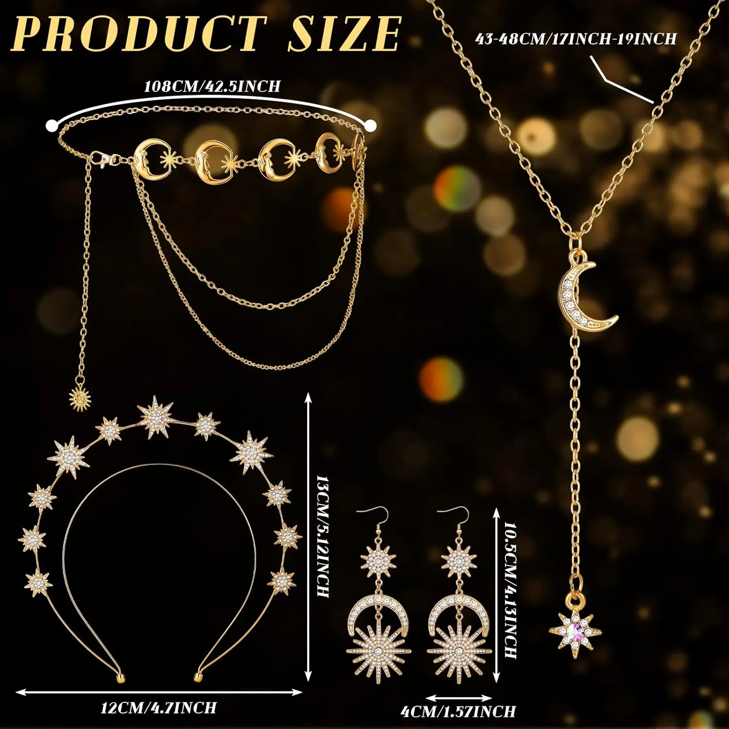 Glenmal 4 Pieces Halo Crown Moon Stars Necklaces and Body Chain Halo Tiaras Headband Headpiece Drop Earrings for Women