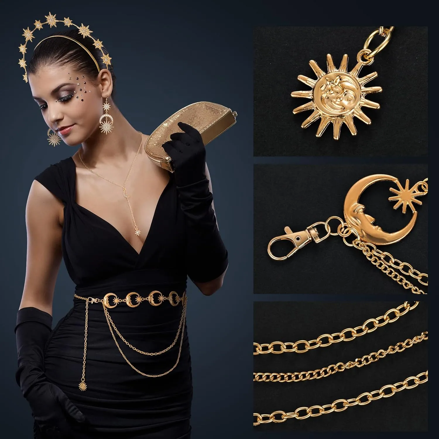 Glenmal 4 Pieces Halo Crown Moon Stars Necklaces and Body Chain Halo Tiaras Headband Headpiece Drop Earrings for Women