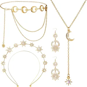 Glenmal 4 Pieces Halo Crown Moon Stars Necklaces and Body Chain Halo Tiaras Headband Headpiece Drop Earrings for Women