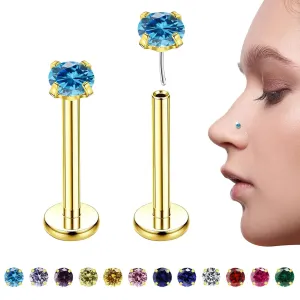 Gold Birthstone Nose Stud, 3mm Stainless Steel Earrings Tragus Piercing Jewelry, 20g Hypoallergenic Handmade Small Nose Rings Studs for Women Men Flat Back Nose Stud Jewelry