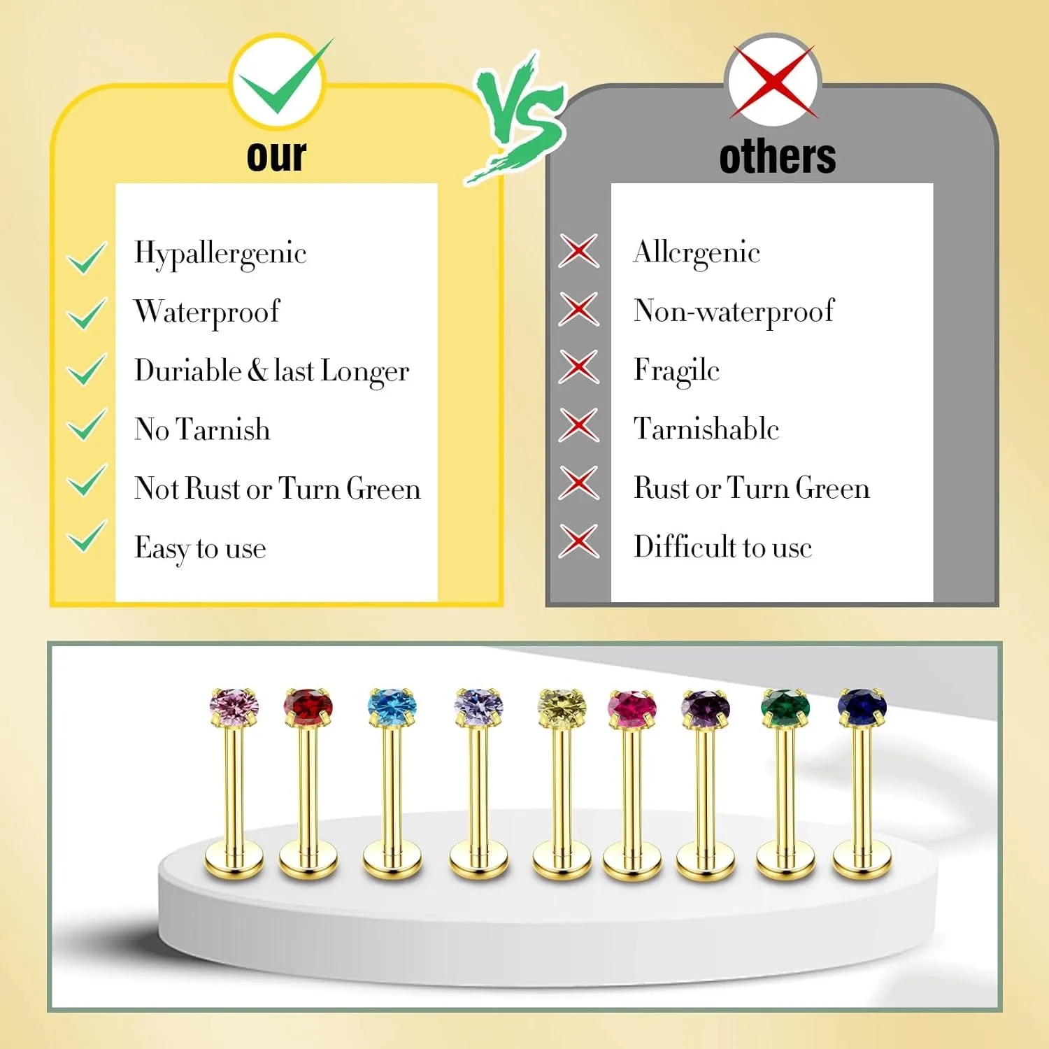 Gold Birthstone Nose Stud, 3mm Stainless Steel Earrings Tragus Piercing Jewelry, 20g Hypoallergenic Handmade Small Nose Rings Studs for Women Men Flat Back Nose Stud Jewelry