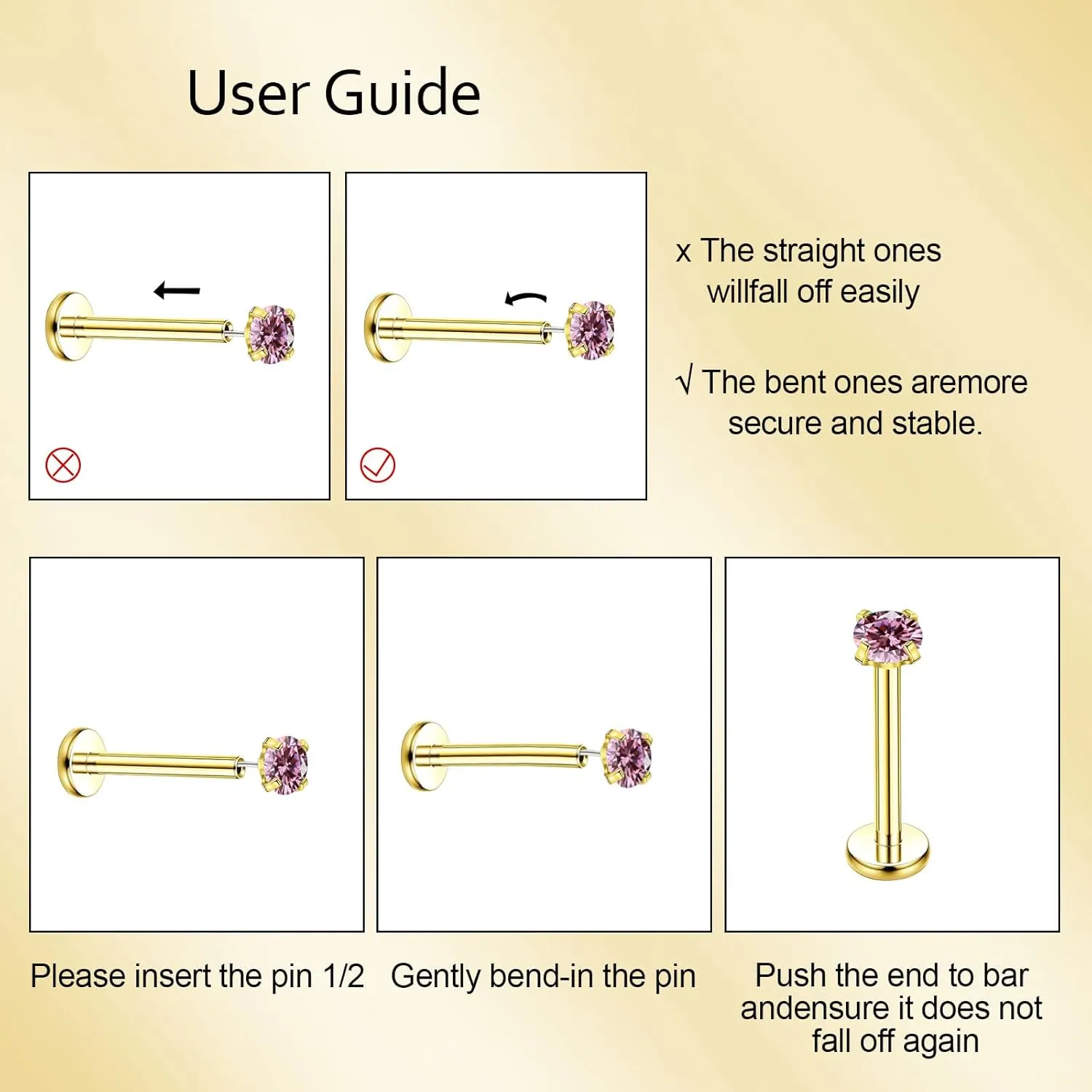 Gold Birthstone Nose Stud, 3mm Stainless Steel Earrings Tragus Piercing Jewelry, 20g Hypoallergenic Handmade Small Nose Rings Studs for Women Men Flat Back Nose Stud Jewelry