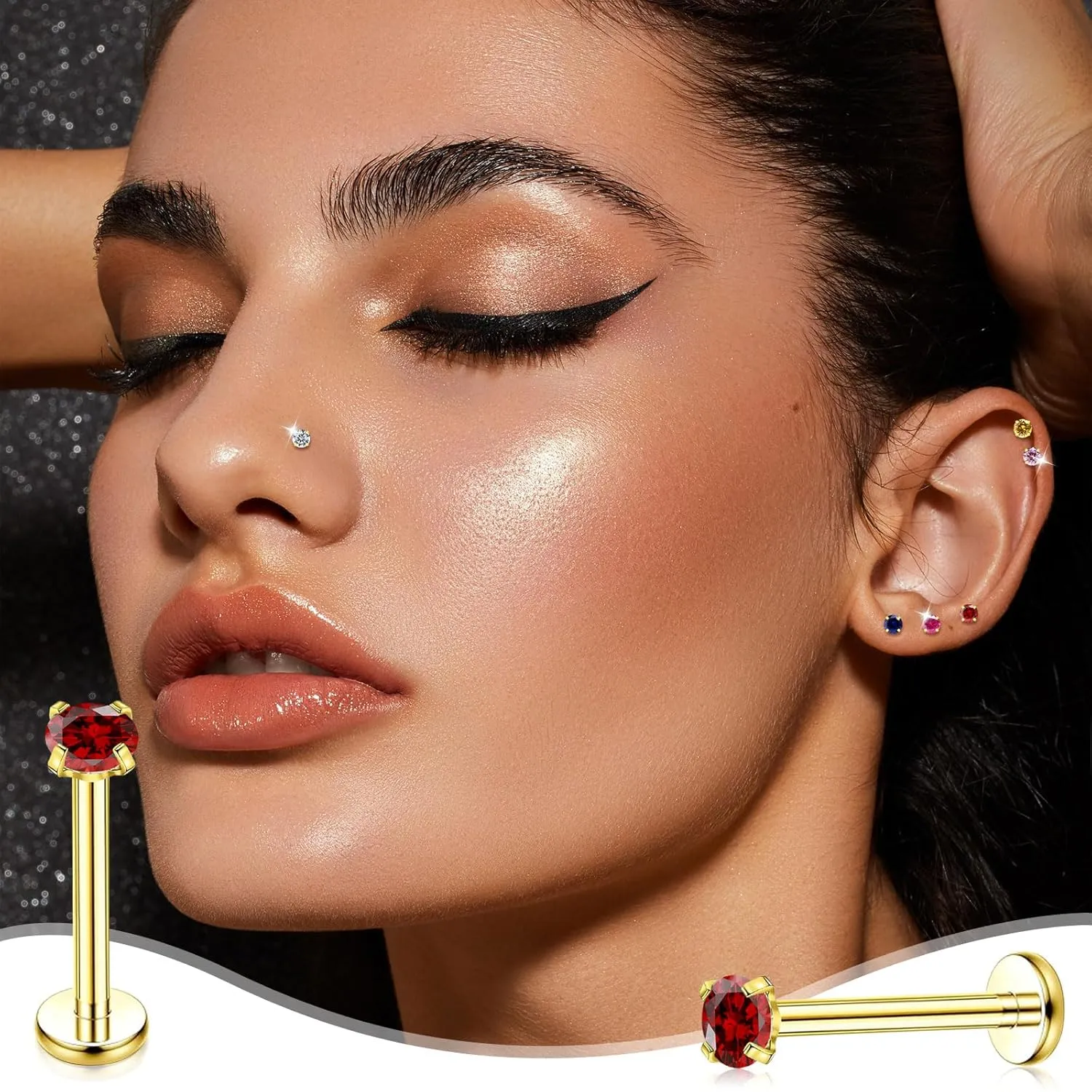 Gold Birthstone Nose Stud, 3mm Stainless Steel Earrings Tragus Piercing Jewelry, 20g Hypoallergenic Handmade Small Nose Rings Studs for Women Men Flat Back Nose Stud Jewelry