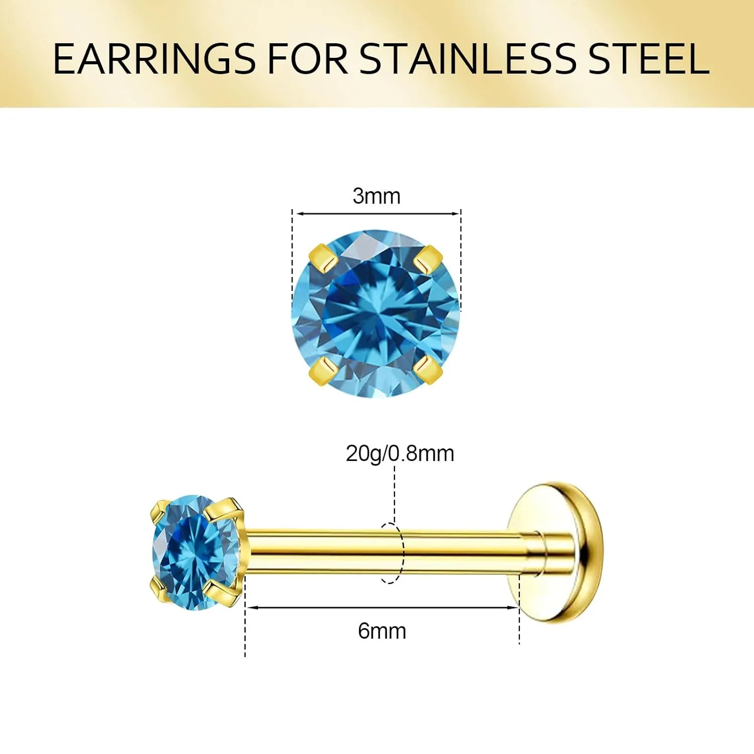Gold Birthstone Nose Stud, 3mm Stainless Steel Earrings Tragus Piercing Jewelry, 20g Hypoallergenic Handmade Small Nose Rings Studs for Women Men Flat Back Nose Stud Jewelry