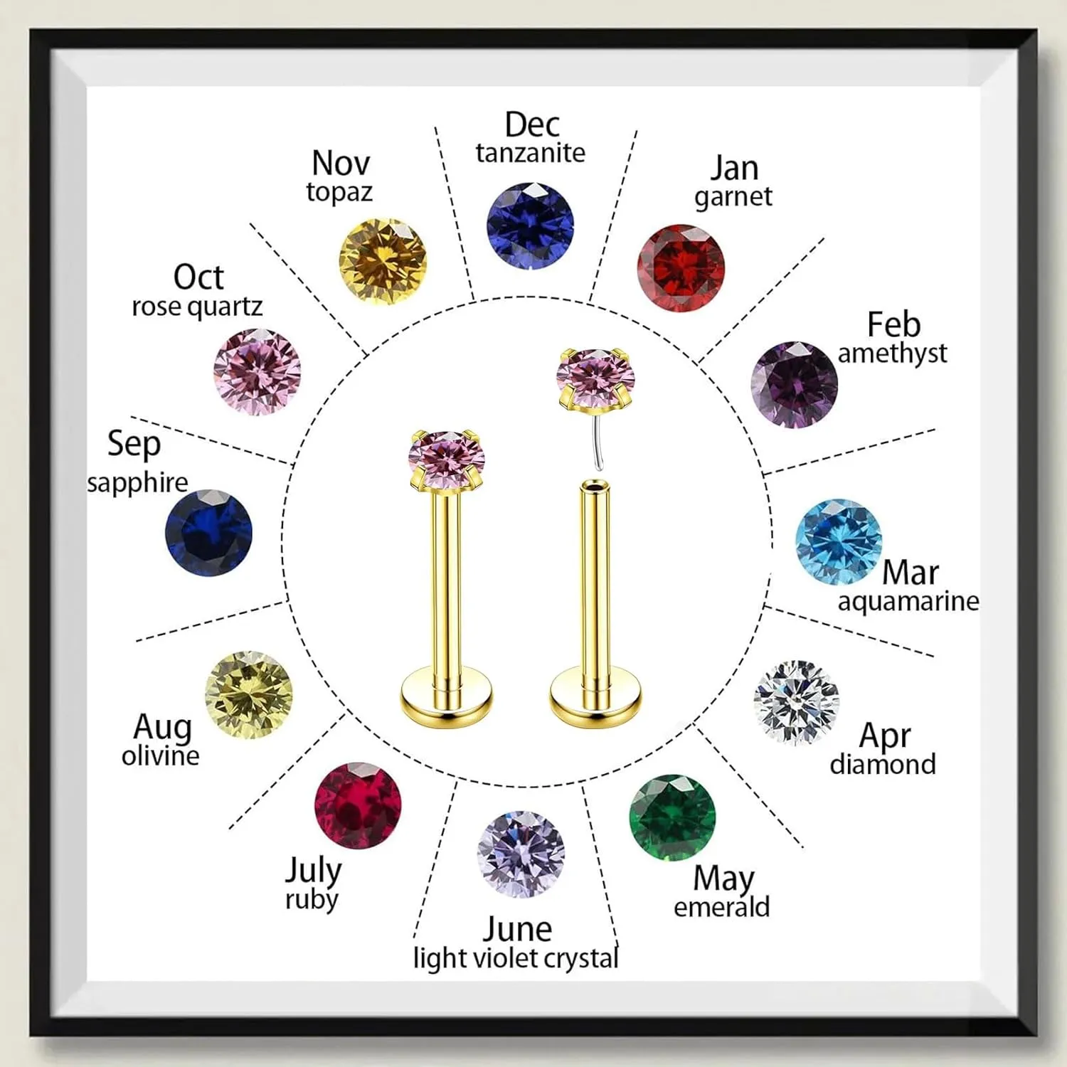 Gold Birthstone Nose Stud, 3mm Stainless Steel Earrings Tragus Piercing Jewelry, 20g Hypoallergenic Handmade Small Nose Rings Studs for Women Men Flat Back Nose Stud Jewelry