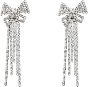 Gold Bow Earrings for Women Ribbon Bow Stud Earrings Sparkly Pearl Rhinestone Bowknot Earrings Crystal Long Tassel Chain Earrings Wedding Statement Jewelry Gifts