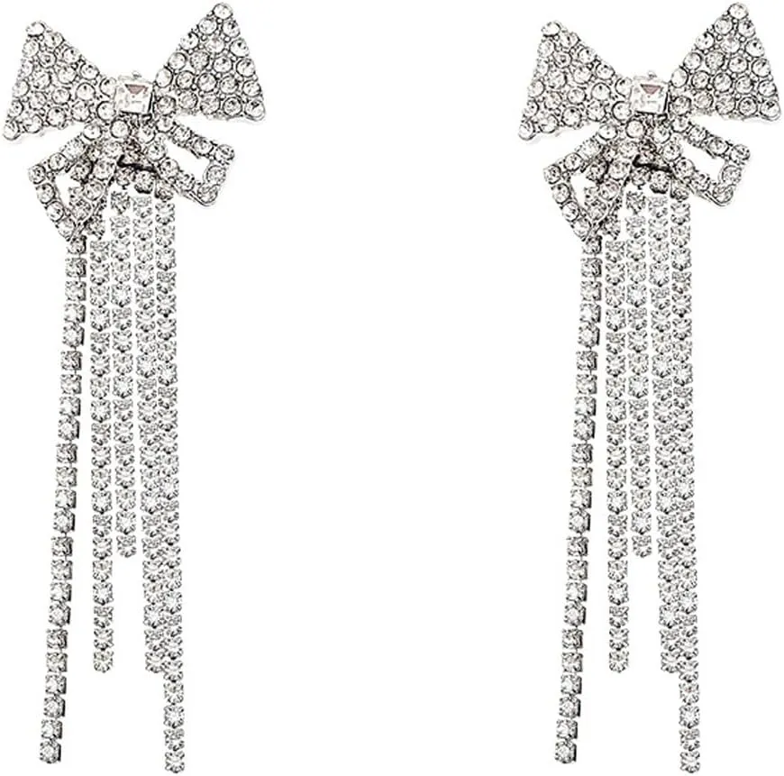 Gold Bow Earrings for Women Ribbon Bow Stud Earrings Sparkly Pearl Rhinestone Bowknot Earrings Crystal Long Tassel Chain Earrings Wedding Statement Jewelry Gifts