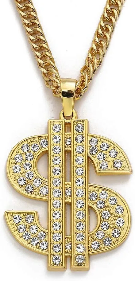 Gold Chain with Dollar Sign Big Money Necklaces for Men Women,Stainless Steel Iced Out Rhinestone Jewelry,Fashion Pendants with 28 Inches Chain