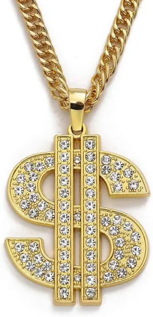 Gold Chain with Dollar Sign Big Money Necklaces for Men Women,Stainless Steel Iced Out Rhinestone Jewelry,Fashion Pendants with 28 Inches Chain