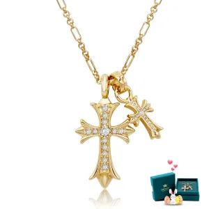 Gold Cross Necklace for Women,14K Gold-Plated Double Cross Necklace Non Tarnish,Handcrafted Double Cross Pendant,Cubic Zirconia Couple Style Jewelry Birthday Valentine's Day Easter Day Gifts