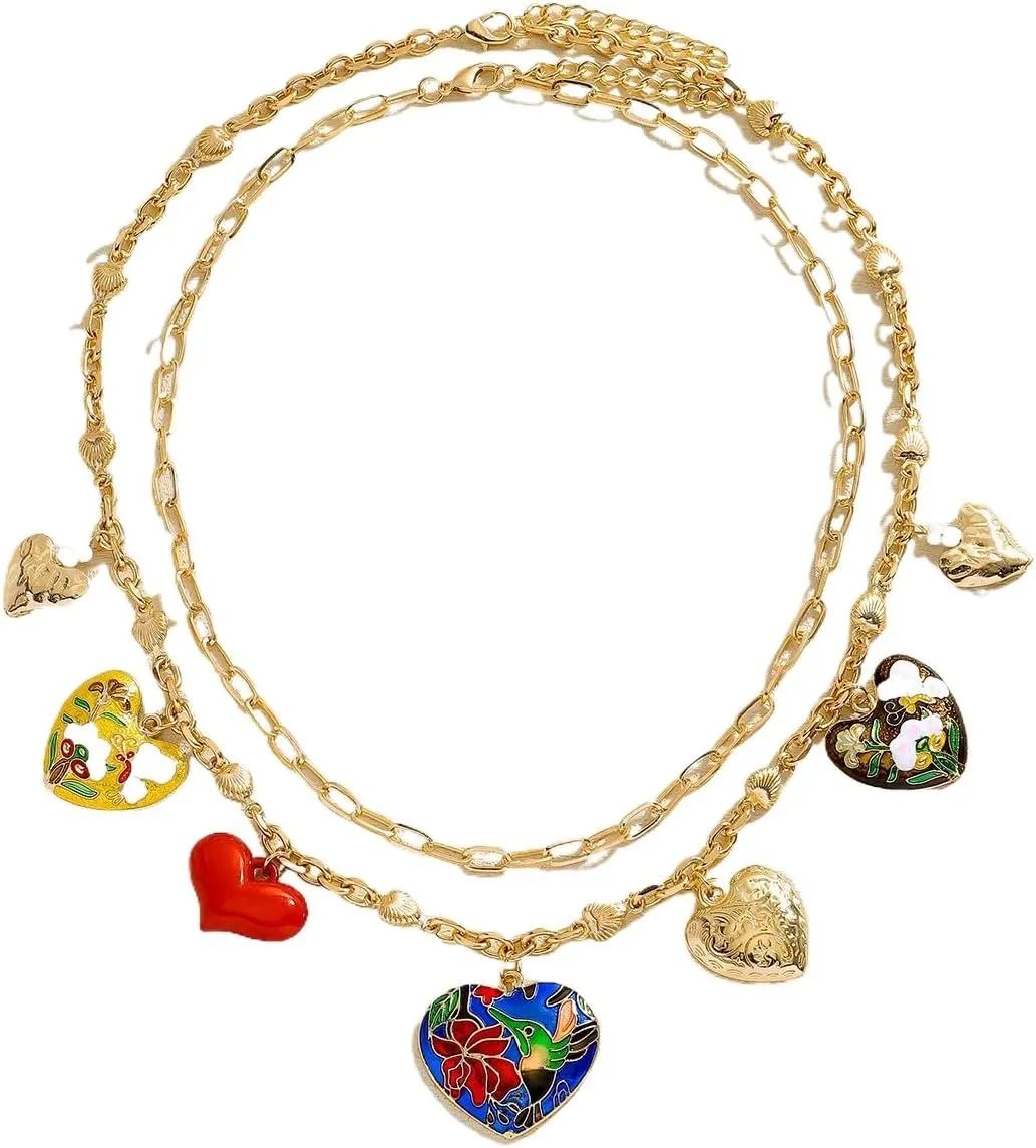 Gold Double Layer Chain Heart Charm Necklace for Women, Multi-Heart Pendant Charms Layered Necklace Elegant Jewelry Gifts for Everyday Party