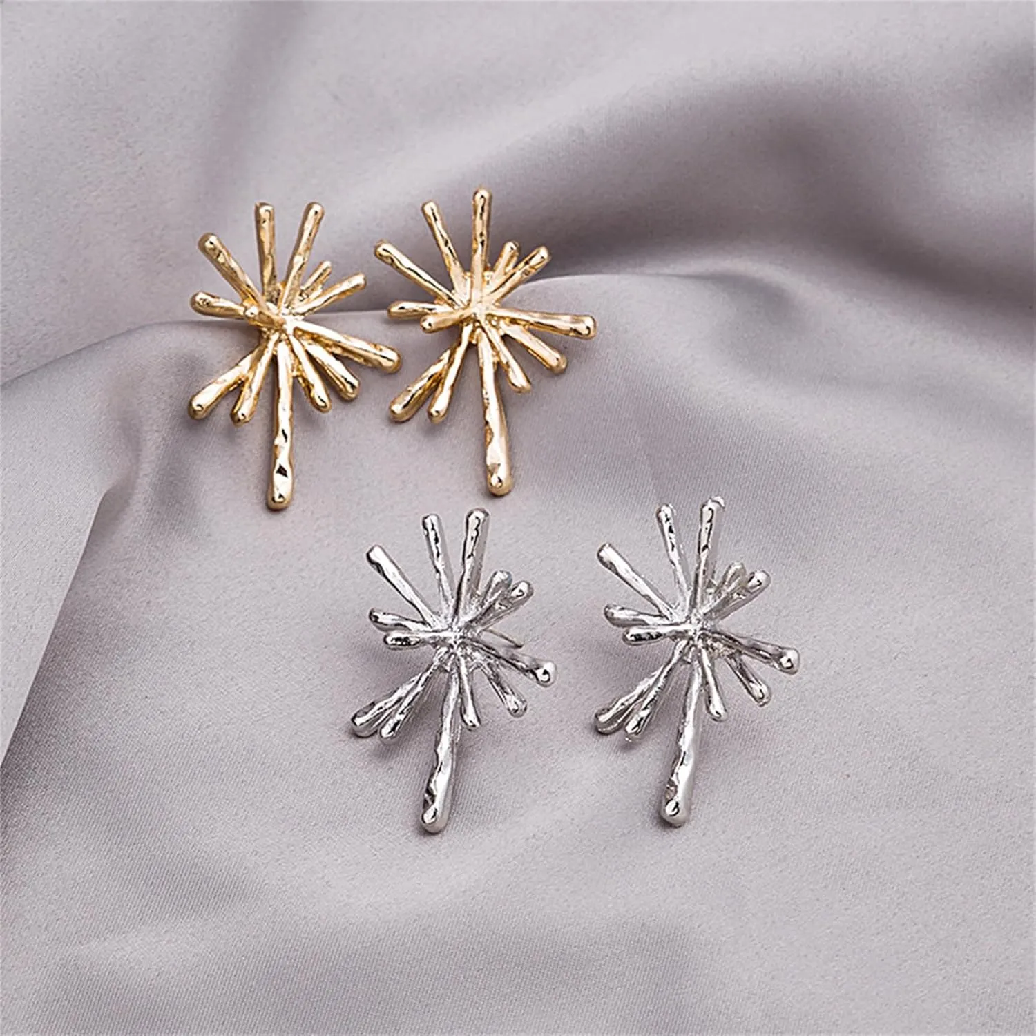 Gold Firework Stud Earrings for Women Irregular Statement Starburst Chandelier Sterling Silver Post Hypoallergenic Big Fun Metal Earrings for Her Friend Mom Wife Sister Minimalist Fashion Jewelry Gifts
