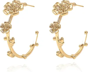 Gold Flower Hoop Earrings for Women 14K Gold Plated Flower Round Hoop Earrings Dangle Floral Statement Earrings Blossom Hoop Earrings Trendy Spring Summer Beach Party Fashion Jewelry Gift for Women
