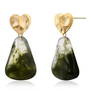 Gold Hammered Heart Drop Dangle Earrings Green Vintage Irregular Acrylic Stud Earrings for Women Gold and Olive Green Geometric Earrings