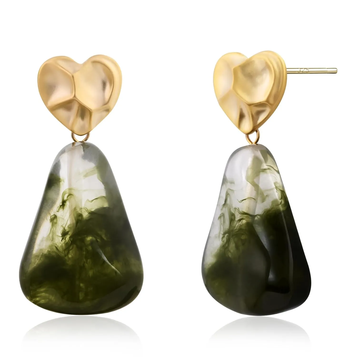 Gold Hammered Heart Drop Dangle Earrings Green Vintage Irregular Acrylic Stud Earrings for Women Gold and Olive Green Geometric Earrings