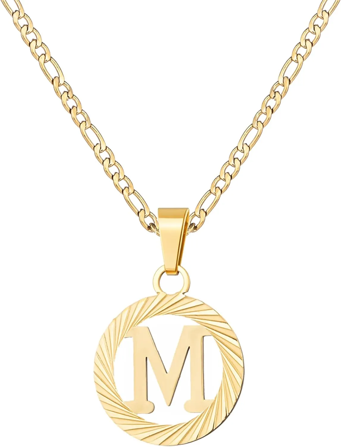 Gold Initial Necklace for Women Men 14K Gold Silver Tone Round Letters Figaro Chain Necklaces, Capital Monogram Alphabets from A-Z