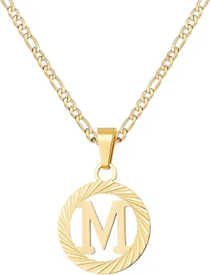 Gold Initial Necklace for Women Men 14K Gold Silver Tone Round Letters Figaro Chain Necklaces, Capital Monogram Alphabets from A-Z