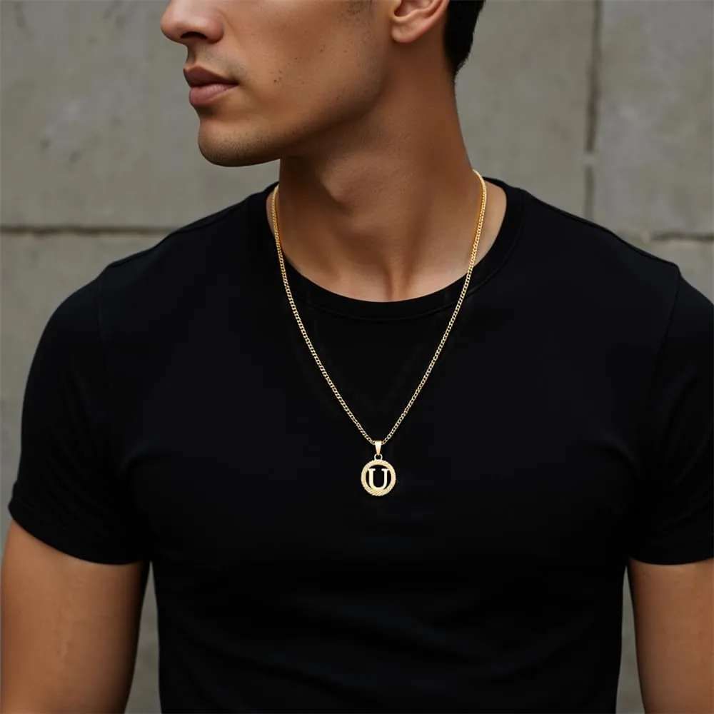 Gold Initial Necklace for Women Men 14K Gold Silver Tone Round Letters Figaro Chain Necklaces, Capital Monogram Alphabets from A-Z
