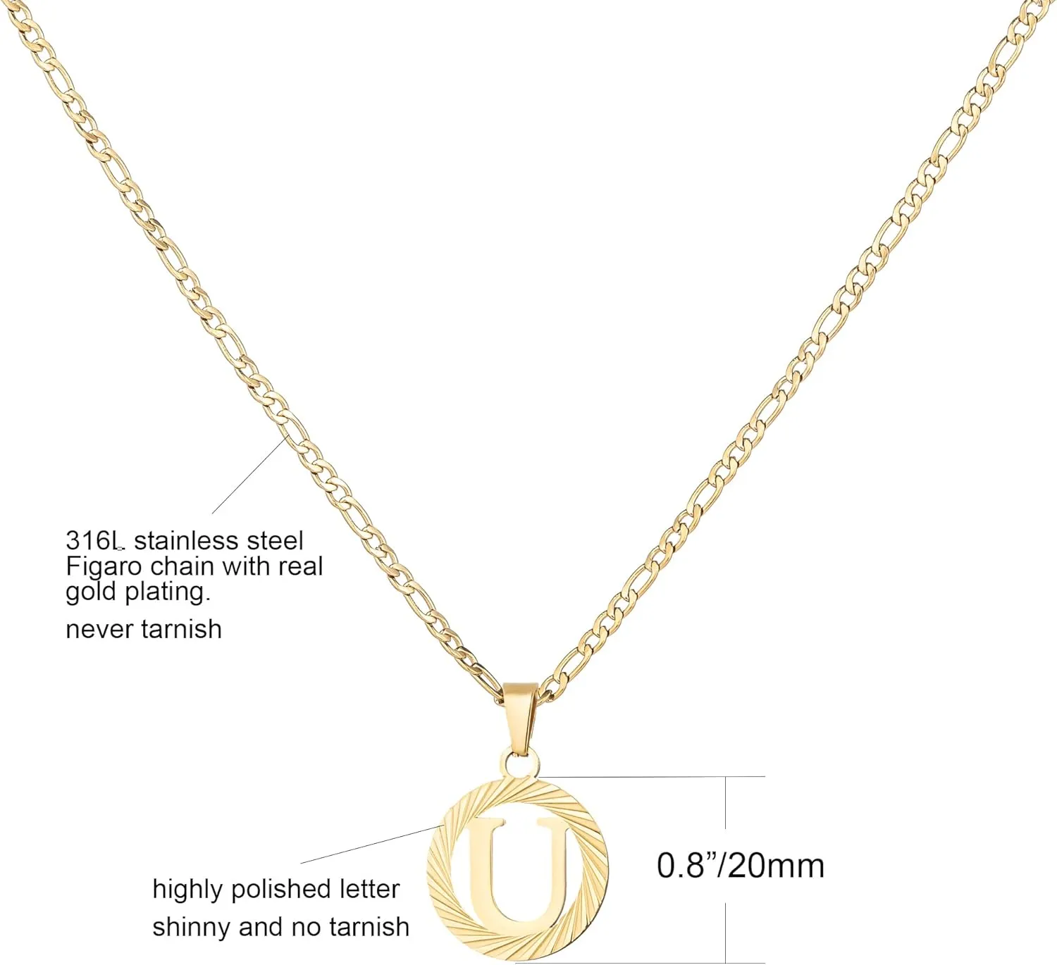 Gold Initial Necklace for Women Men 14K Gold Silver Tone Round Letters Figaro Chain Necklaces, Capital Monogram Alphabets from A-Z