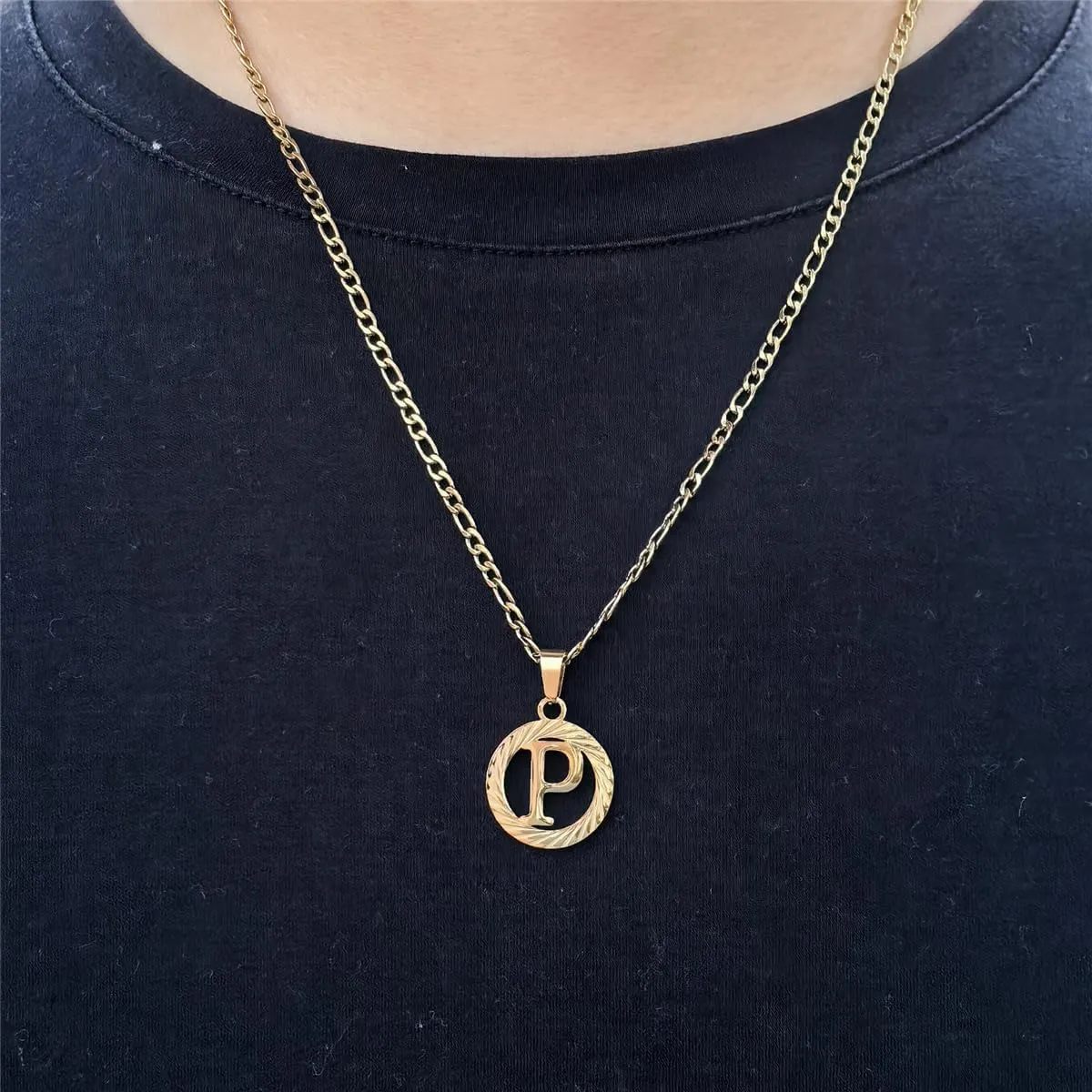 Gold Initial Necklace for Women Men 14K Gold Silver Tone Round Letters Figaro Chain Necklaces, Capital Monogram Alphabets from A-Z