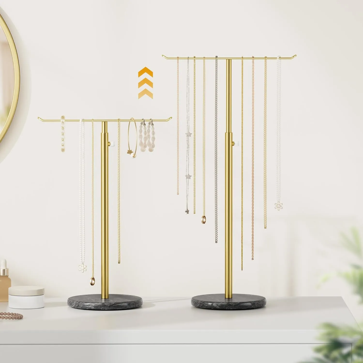 Gold Necklace Holder Jewelry Organizer Stand  Adjustable Height TBar Jewelry Display with Dark Gray Marble Base, Necklace & Bracelet Holder, Countertop Jewelry Stand