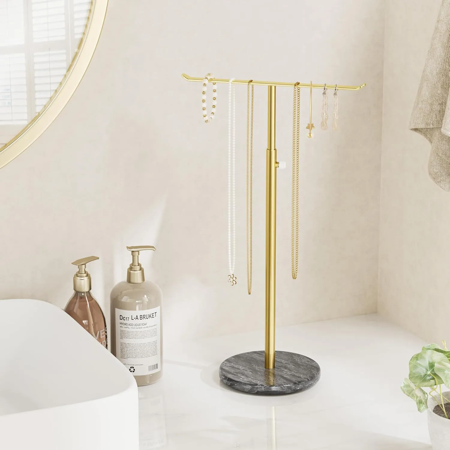 Gold Necklace Holder Jewelry Organizer Stand  Adjustable Height TBar Jewelry Display with Dark Gray Marble Base, Necklace & Bracelet Holder, Countertop Jewelry Stand