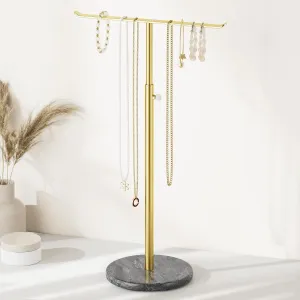 Gold Necklace Holder Jewelry Organizer Stand  Adjustable Height TBar Jewelry Display with Dark Gray Marble Base, Necklace & Bracelet Holder, Countertop Jewelry Stand