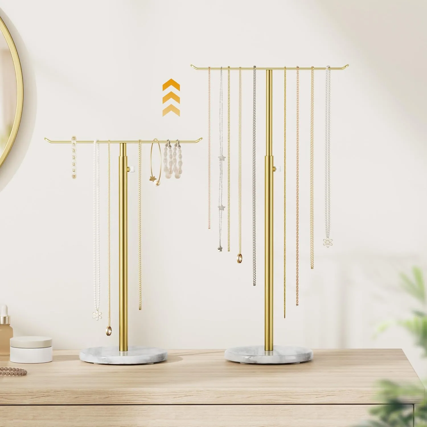 Gold Necklace Holder Jewelry Organizer Stand  Adjustable Height TBar Jewelry Display with White Marble Base, Necklace & Bracelet Holder, Countertop Jewelry Stand