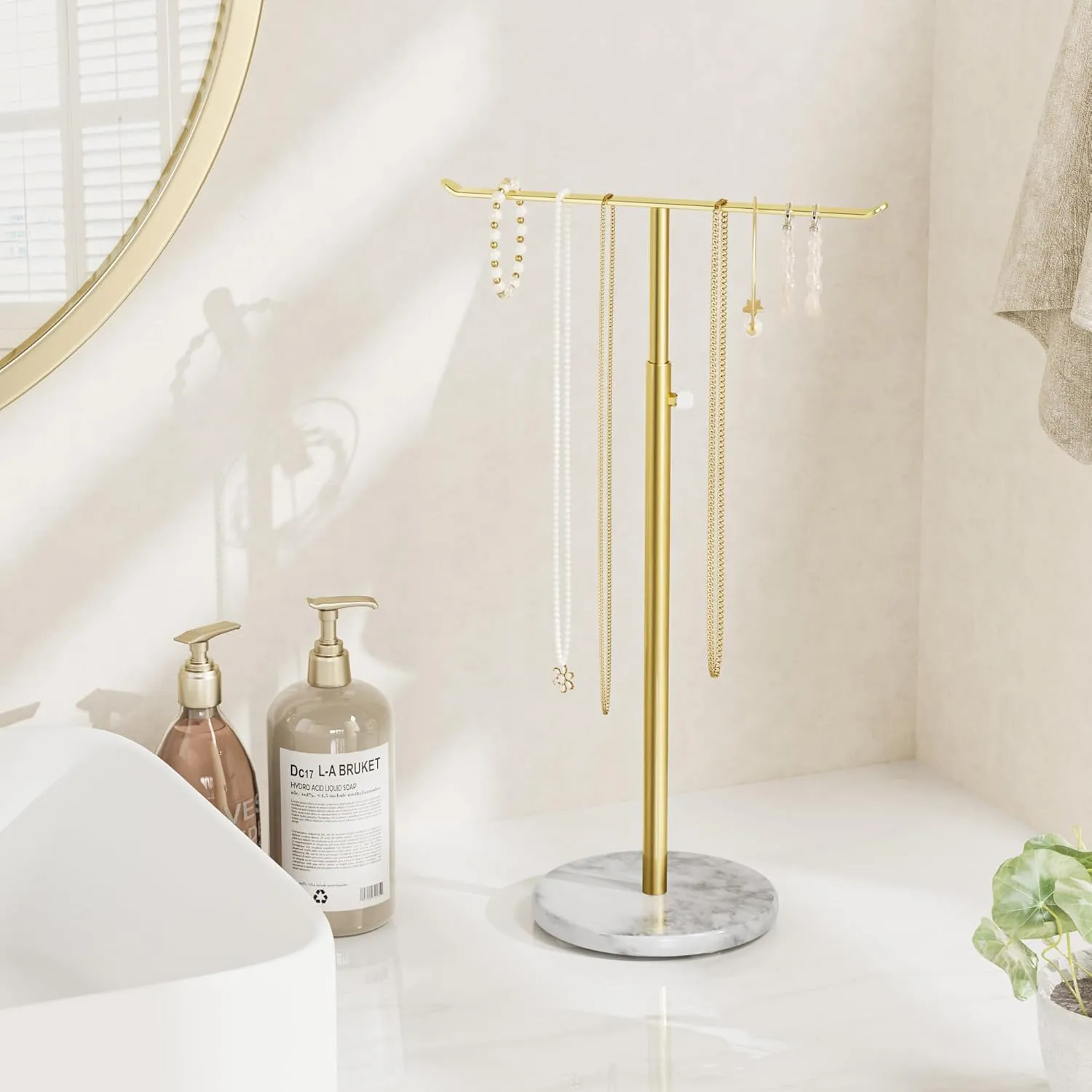 Gold Necklace Holder Jewelry Organizer Stand  Adjustable Height TBar Jewelry Display with White Marble Base, Necklace & Bracelet Holder, Countertop Jewelry Stand