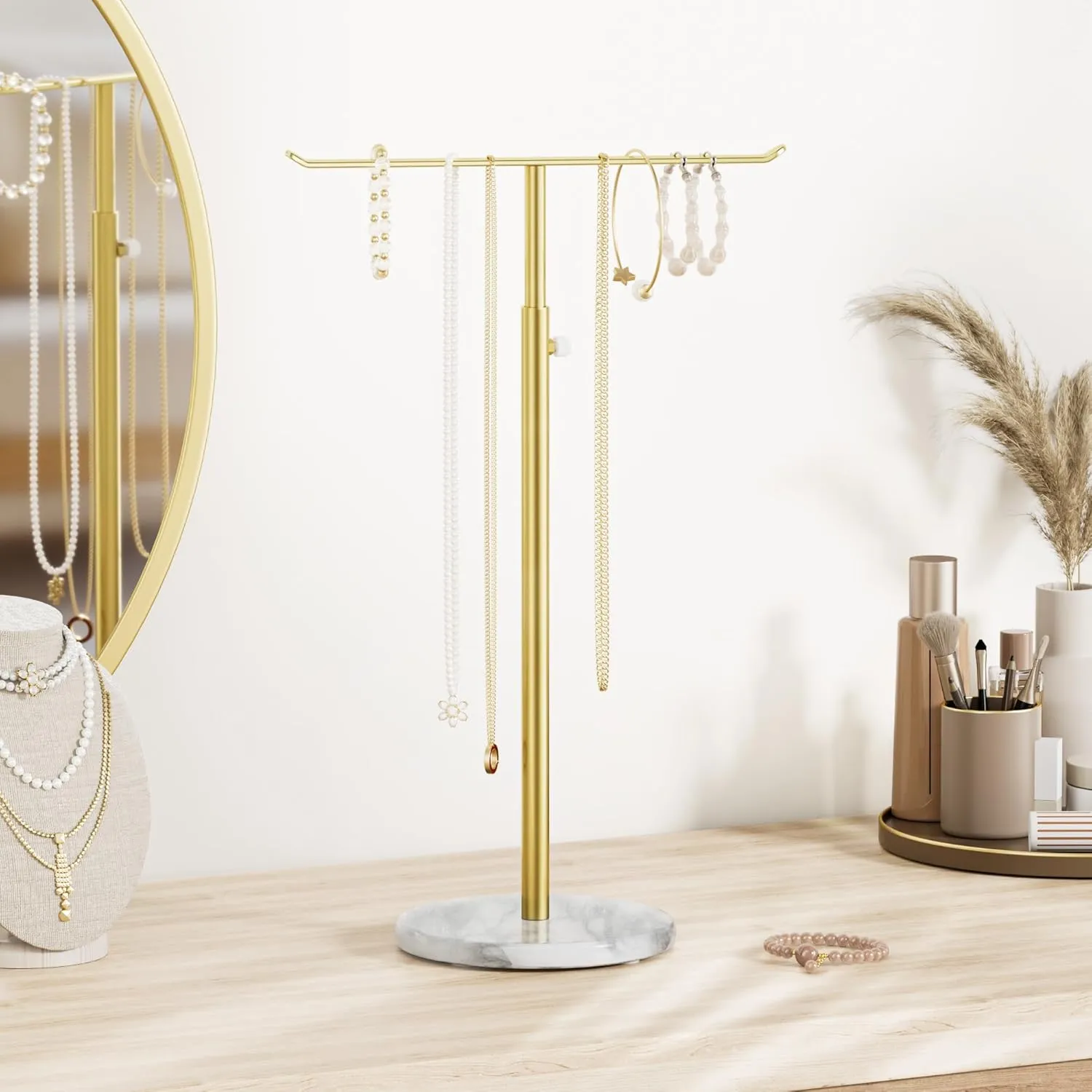 Gold Necklace Holder Jewelry Organizer Stand  Adjustable Height TBar Jewelry Display with White Marble Base, Necklace & Bracelet Holder, Countertop Jewelry Stand