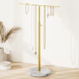 Gold Necklace Holder Jewelry Organizer Stand  Adjustable Height TBar Jewelry Display with White Marble Base, Necklace & Bracelet Holder, Countertop Jewelry Stand