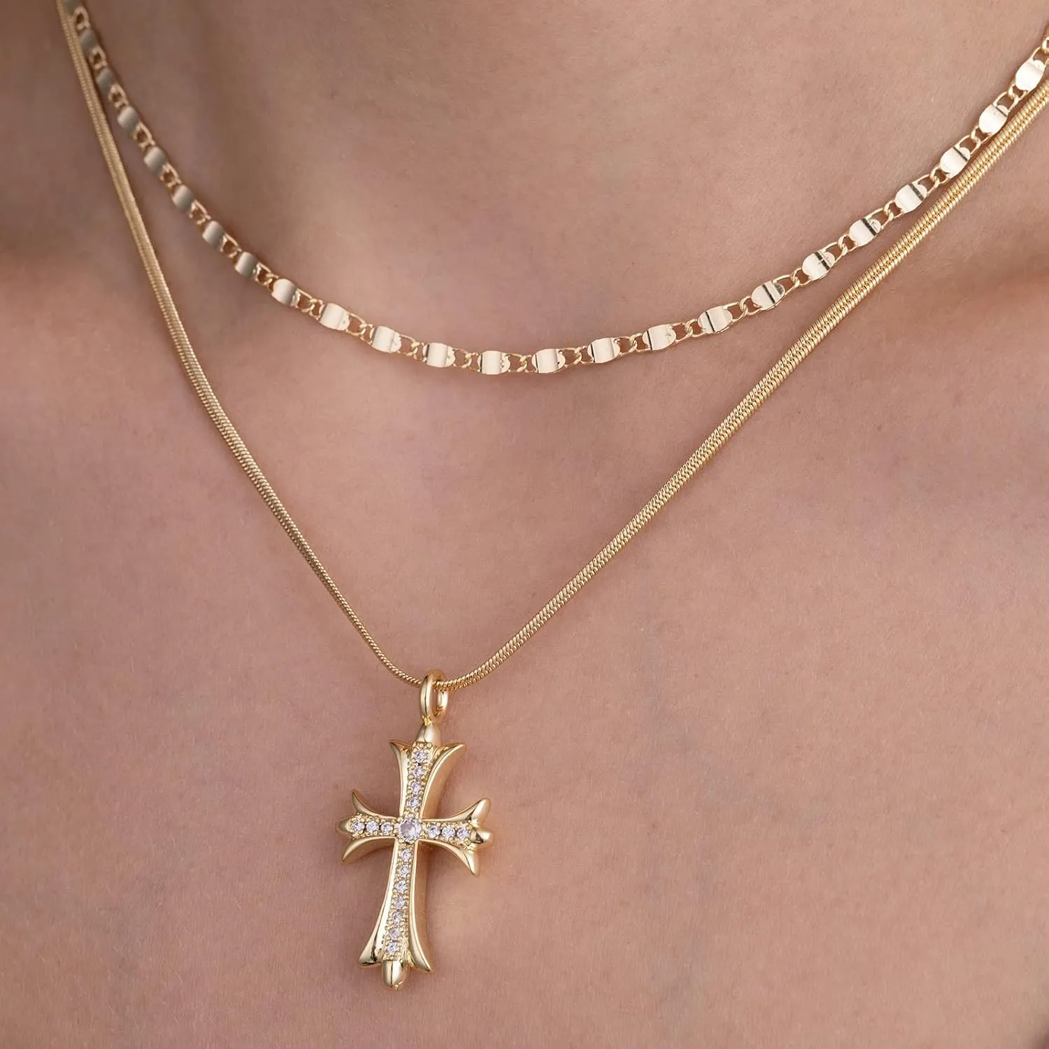 Gold Necklaces for Women 14K Gold Plated Cross Pendant With Snake Chain, Non Tarnish Layered CZS Jewelry Trendy Choker Faith Christian Cross Gifts