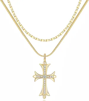 Gold Necklaces for Women 14K Gold Plated Cross Pendant With Snake Chain, Non Tarnish Layered CZS Jewelry Trendy Choker Faith Christian Cross Gifts