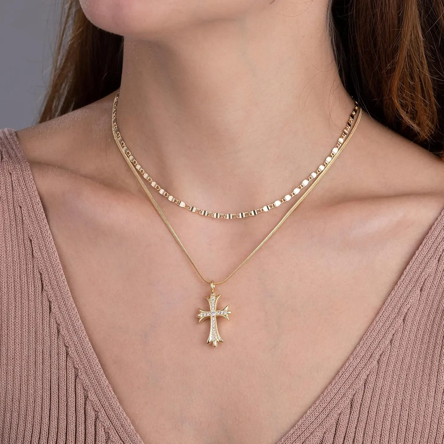 Gold Necklaces for Women 14K Gold Plated Cross Pendant With Snake Chain, Non Tarnish Layered CZS Jewelry Trendy Choker Faith Christian Cross Gifts
