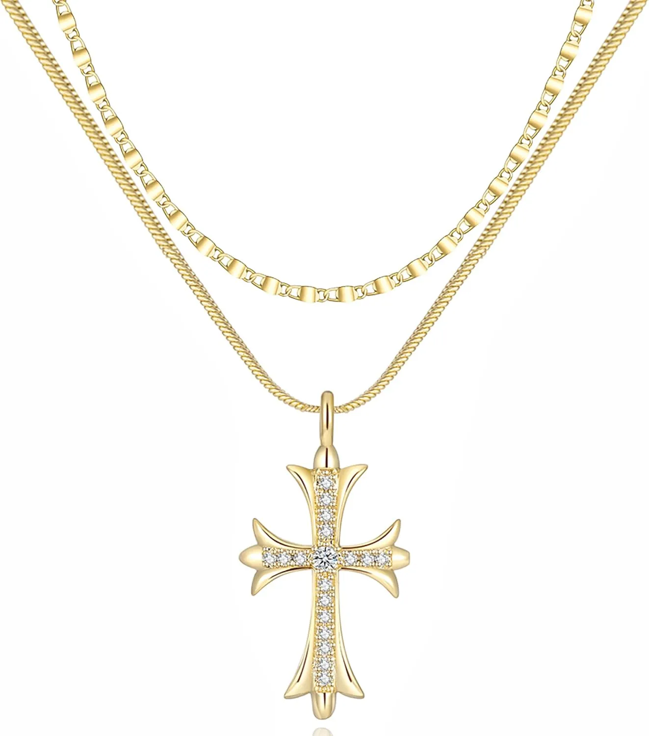 Gold Necklaces for Women 14K Gold Plated Cross Pendant With Snake Chain, Non Tarnish Layered CZS Jewelry Trendy Choker Faith Christian Cross Gifts