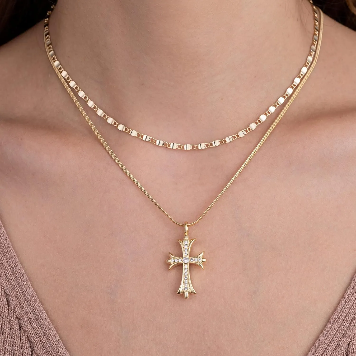 Gold Necklaces for Women 14K Gold Plated Cross Pendant With Snake Chain, Non Tarnish Layered CZS Jewelry Trendy Choker Faith Christian Cross Gifts