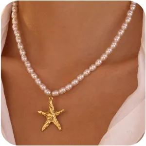 Gold Pearl Necklace for Women Trend Boho Starfish Shell Moon Sun Charm Pendant Pearl Choker Necklaces Summer Beach Jewelry for Women Gift