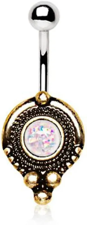 Gold Plated Medieval Style WildKlass Navel Ring with White Synthetic Opal