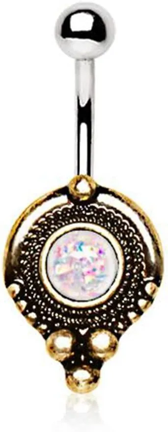 Gold Plated Medieval Style WildKlass Navel Ring with White Synthetic Opal