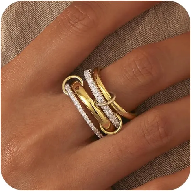 Gold Stackable Rings for Women, 18K Gold Plated Interlocked Stackable Rings Set Cubic Zirconia Trendy Band Ring Size 6 7 8 9 10 Chunky Fashion Jewelry for Women
