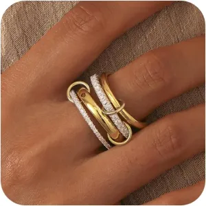 Gold Stackable Rings for Women, 18K Gold Plated Interlocked Stackable Rings Set Cubic Zirconia Trendy Band Ring Size 6 7 8 9 10 Chunky Fashion Jewelry for Women