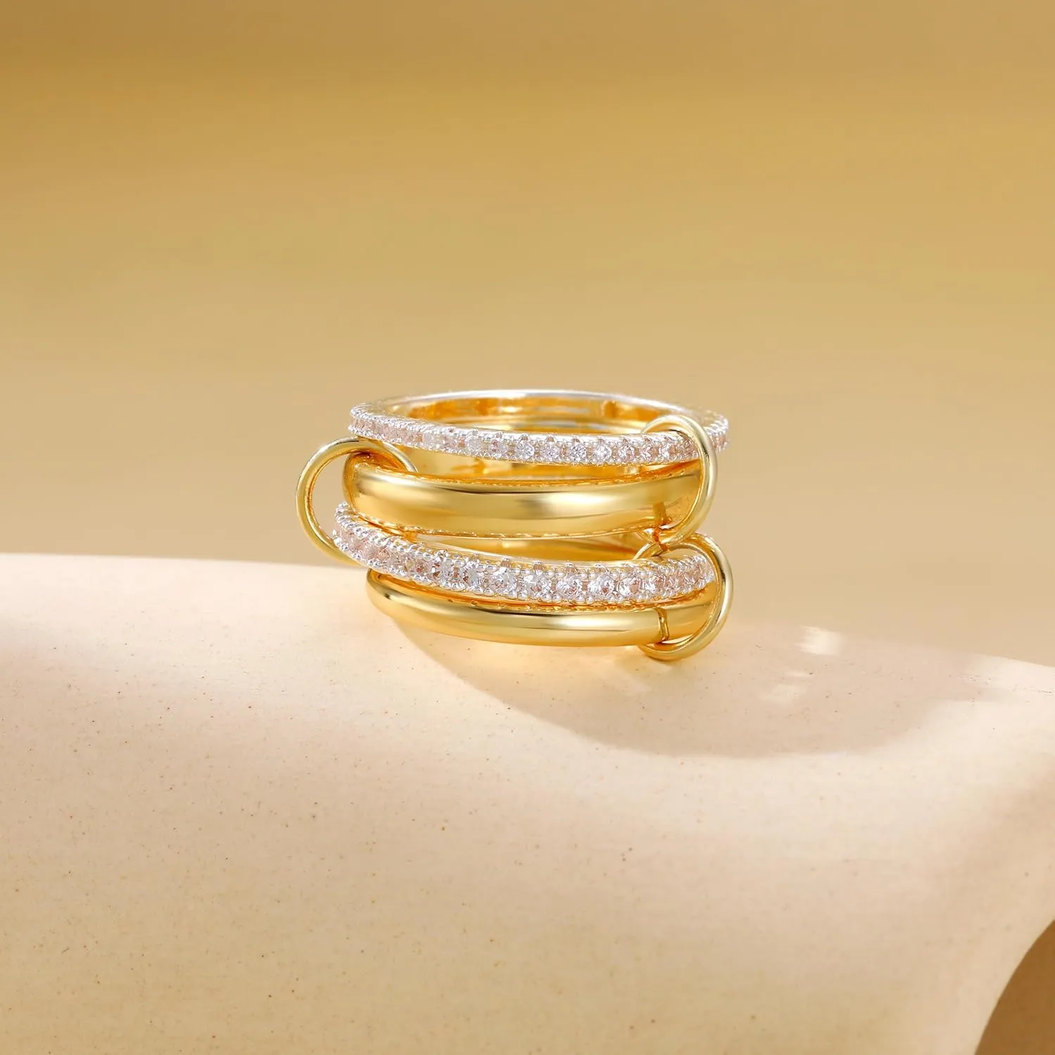 Gold Stackable Rings for Women, 18K Gold Plated Interlocked Stackable Rings Set Cubic Zirconia Trendy Band Ring Size 6 7 8 9 10 Chunky Fashion Jewelry for Women