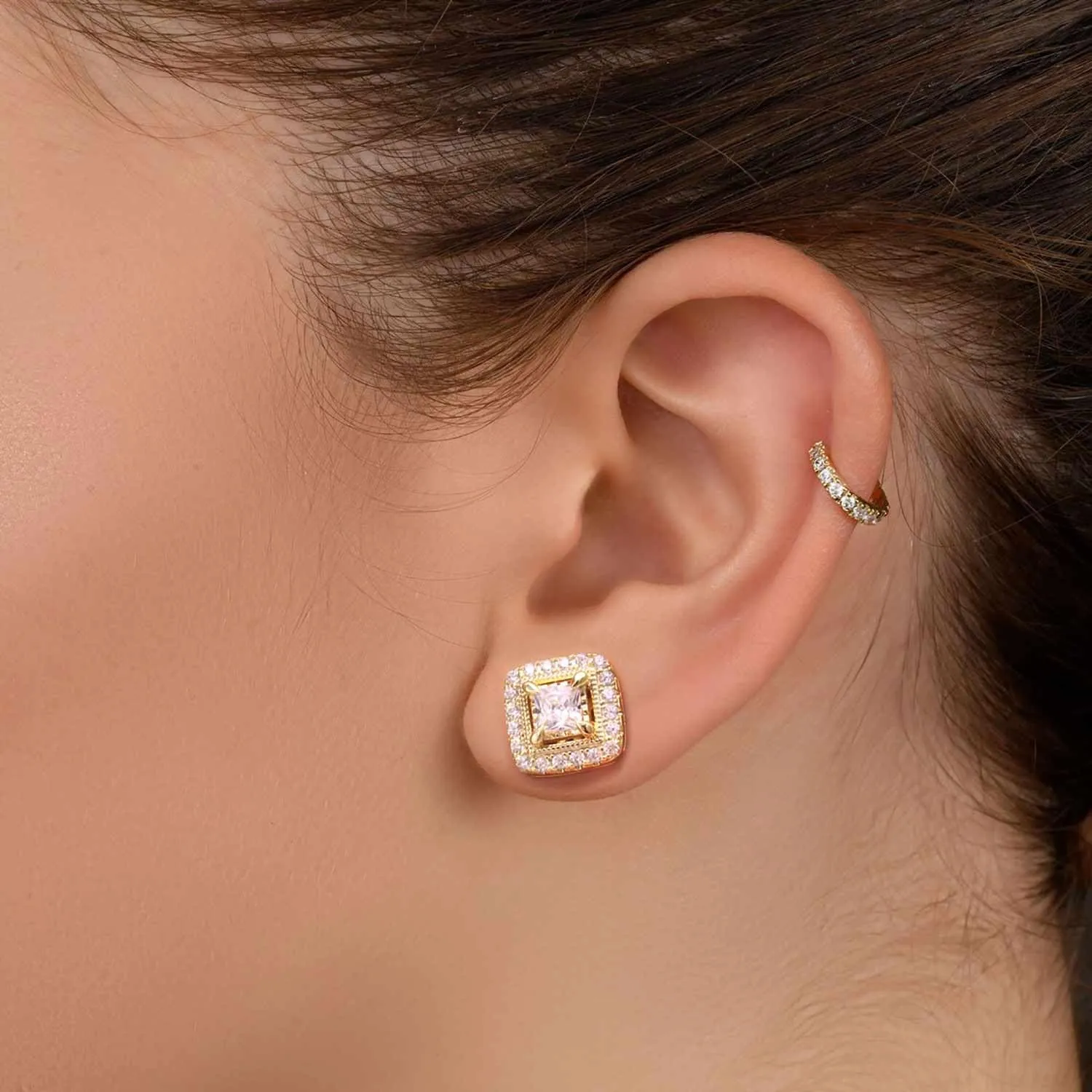 Gold Stud Earrings for Women 14K Gold Earrings Studs Hypoallergenic Small Stud Earring for Women with Cubic Zirconia Gems 10.4MM
