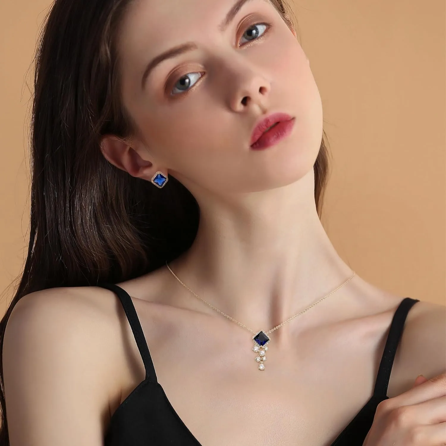 Gold Stud Earrings Pendent Necklaces Sets for Women, Dainty Rhinestone Crystal Necklace Earing Jewelry Set Wedding Holiday Gift