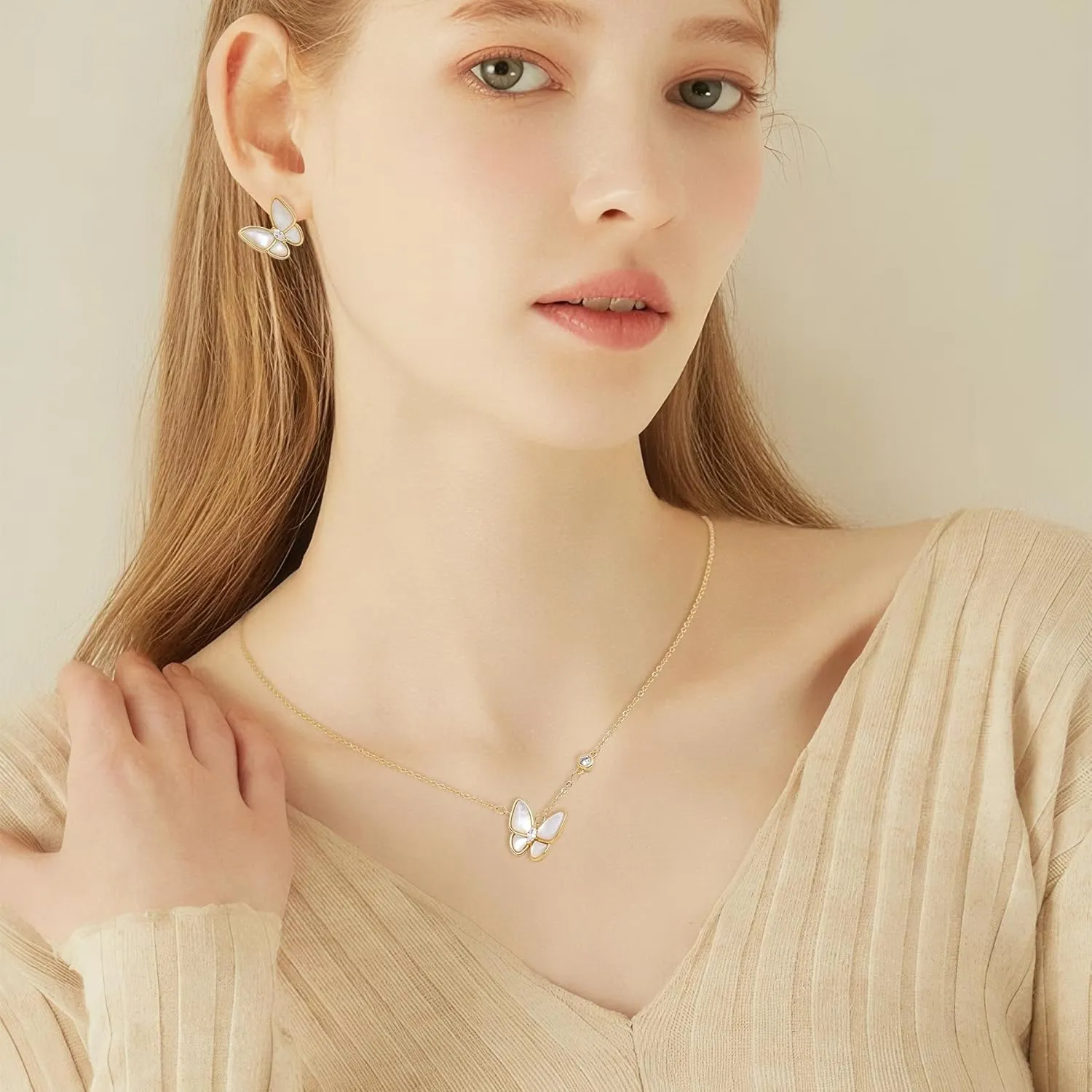 Gold Stud Earrings Pendent Necklaces Sets for Women, Dainty Rhinestone Crystal Necklace Earing Jewelry Set Wedding Holiday Gift